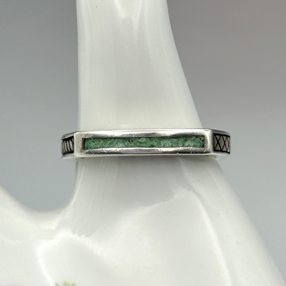 Vintage Ava Yetter 925 Sterling Silver Turquoise Inlay Stacker Ring Size 8 3/4
